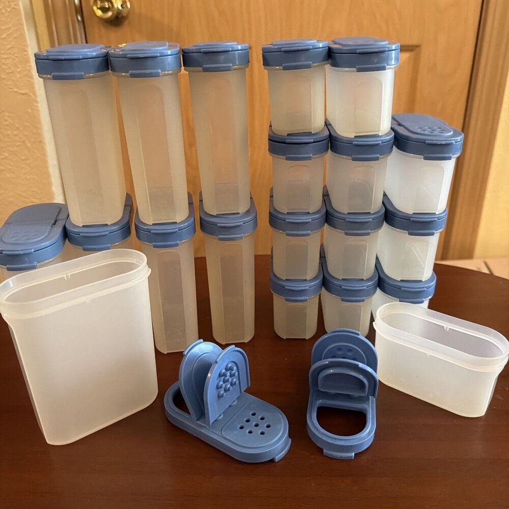 Tupperware Vintage Classic Blue Modular Mates Spice Shaker Containers Set of 20! - Picture 12 of 13